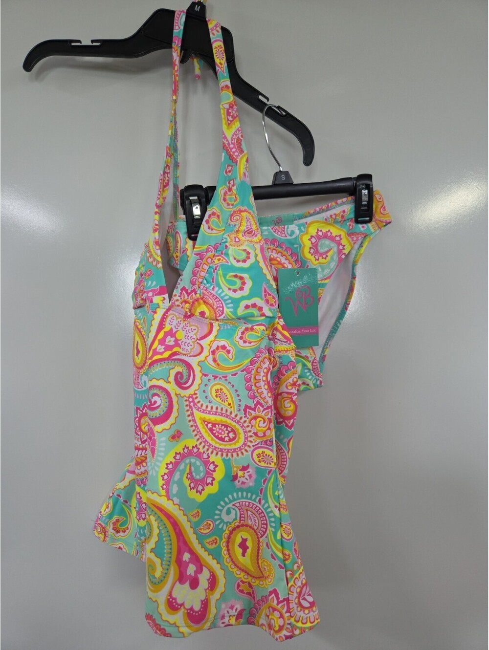 WB Halter Tankini with Cheeky Bikini Bottoms Paisley Pink Mint Swimwear Small S